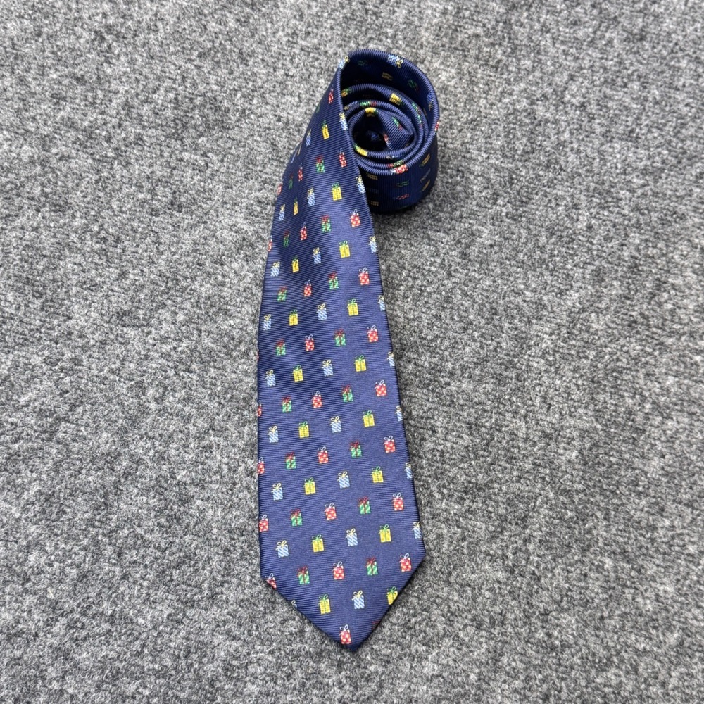 Lands' End Tie Men Long Navy Blue Christmas Gift Box Holiday Silk Preppy Festive